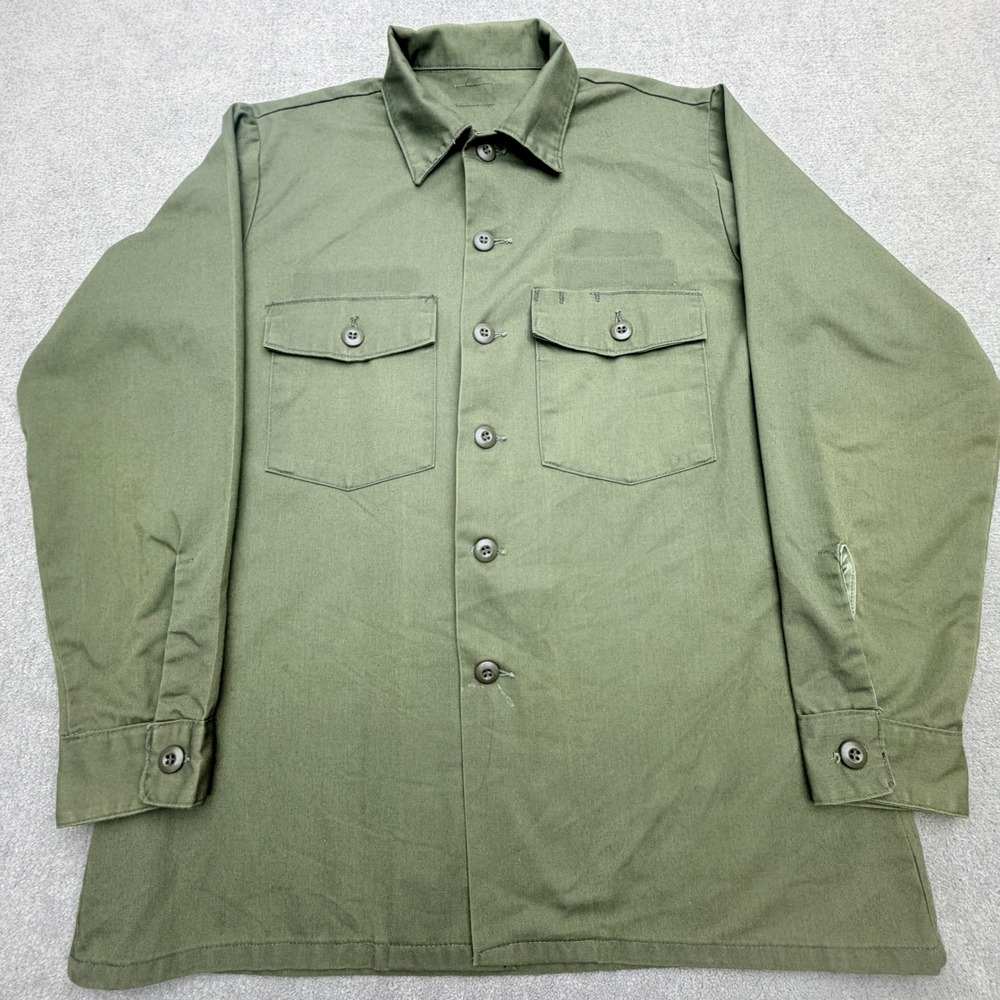 Vtg 70s Selma Apparel OG-507 Military Utility Shirt Mens Large Green Poly Cotton